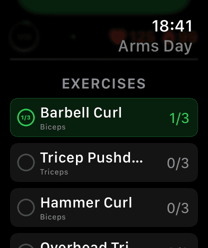 Exercise overview on Apple Watch listing all exercises with completion status for the current session