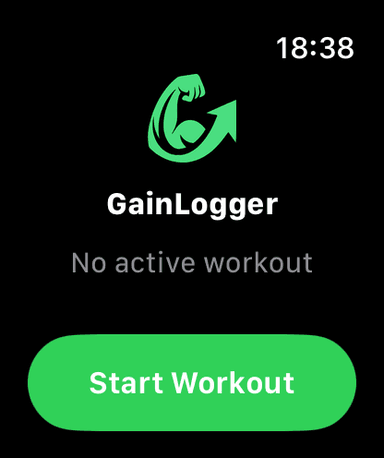 GainLogger idle home screen on Apple Watch with a green Start Workout button