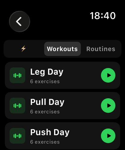 All workout templates tab on Apple Watch showing Leg Day, Pull Day and Push Day