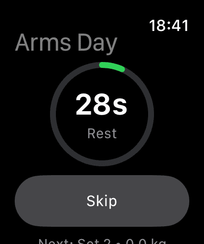 Apple Watch rest timer with a circular countdown at 28 seconds and a Skip button