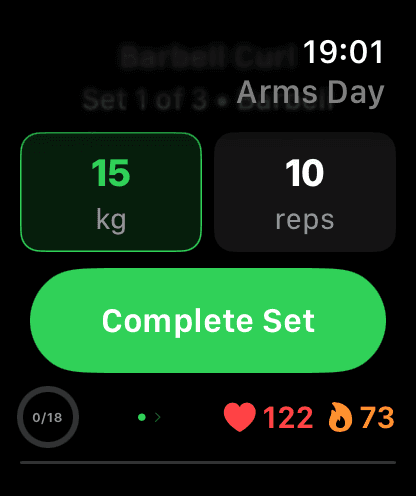 Apple Watch active set on Arms Day showing live heart rate 122 bpm and 73 calories burned