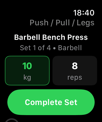 Active set screen on Apple Watch showing Barbell Bench Press set 1 of 4 ready to log
