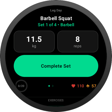 Active-set screen on Wear OS showing current weight, reps, heart rate and calories