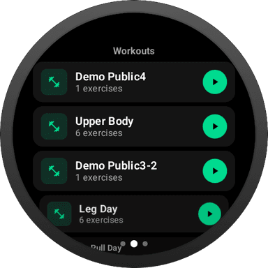 Workout template picker on Wear OS listing Demo Public, Upper Body, and Leg Day