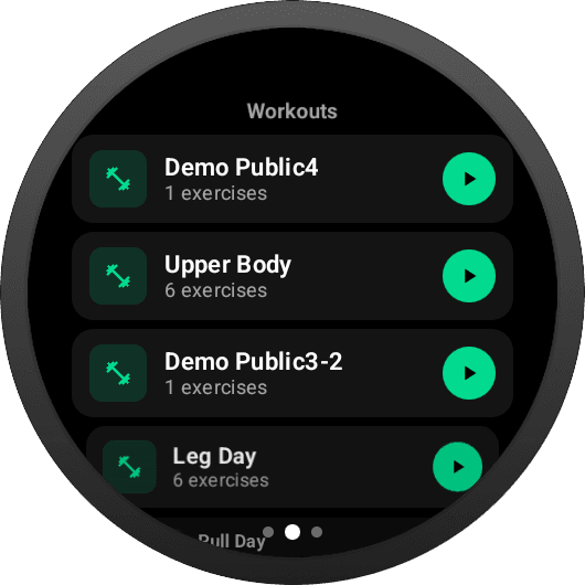 Workouts tab on Wear OS showing Demo Public4, Upper Body, Demo Public3-2, Leg Day with exercise counts and play buttons