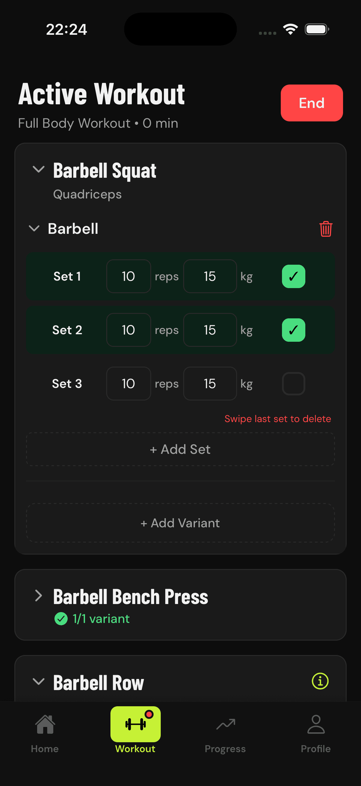 GainLogger active workout screen logging sets and reps