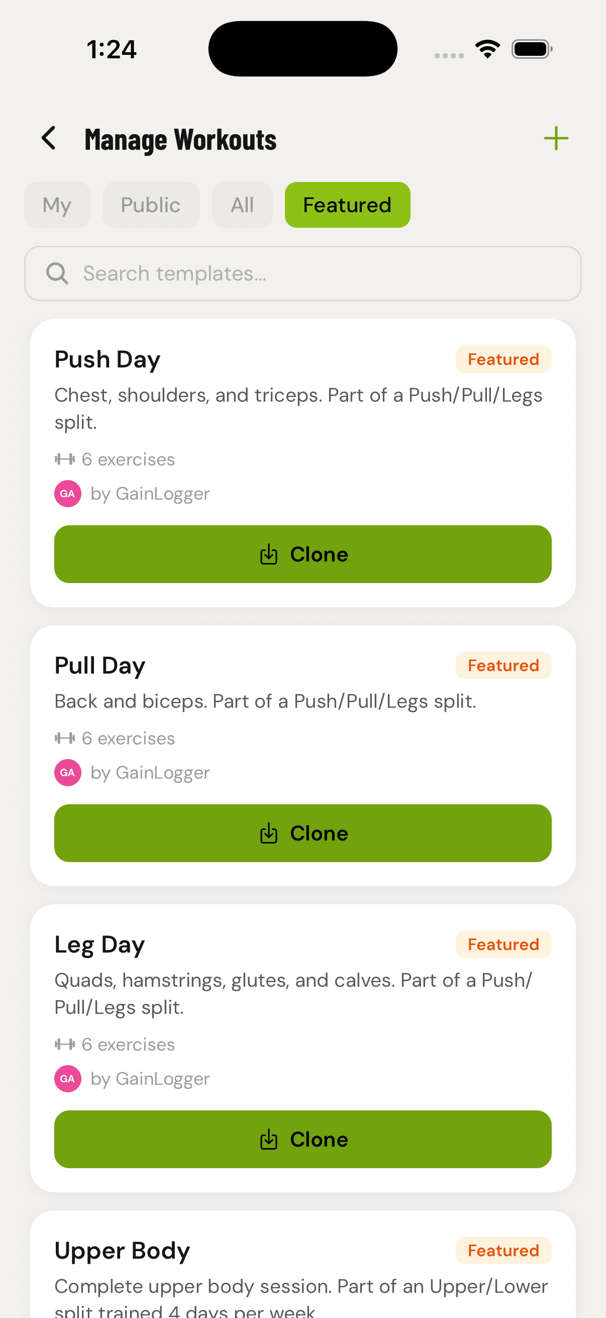 GainLogger featured workout templates with clone buttons