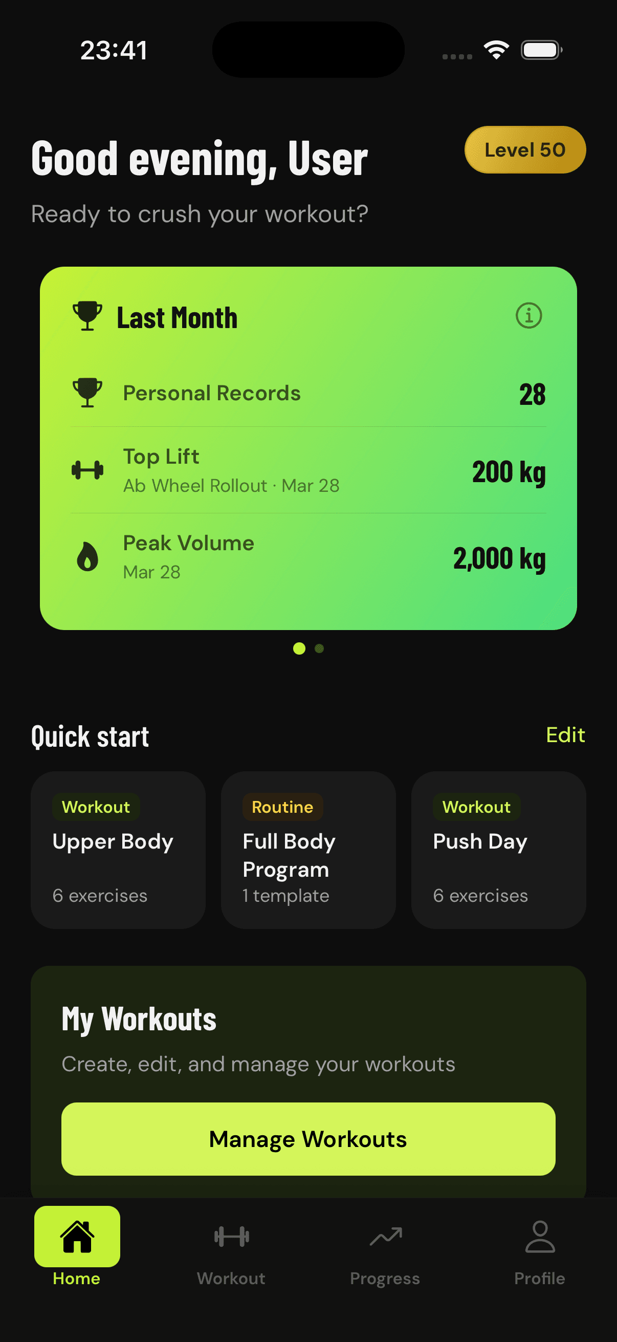 GainLogger home screen showing workout templates and quick-start buttons