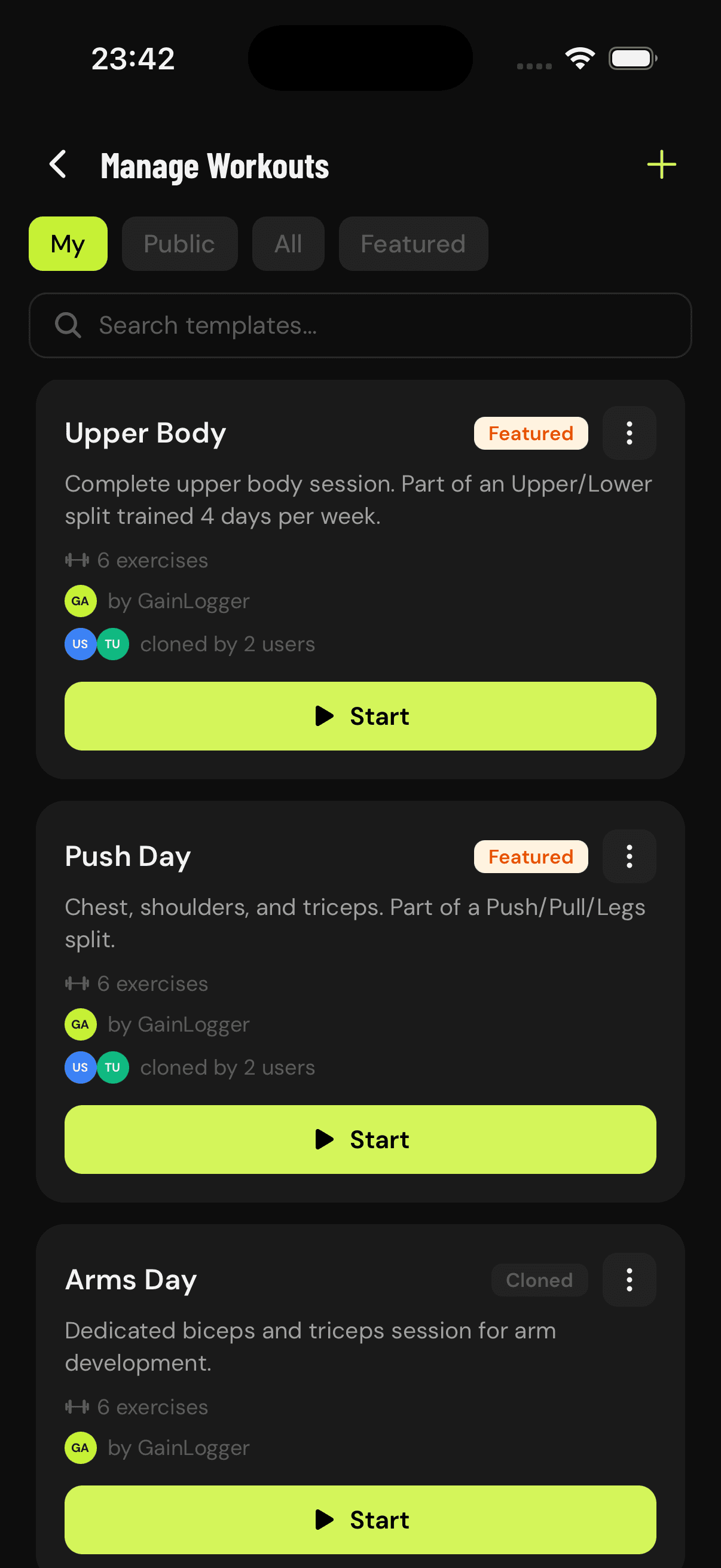 GainLogger manage workouts screen with templates and quick-start buttons