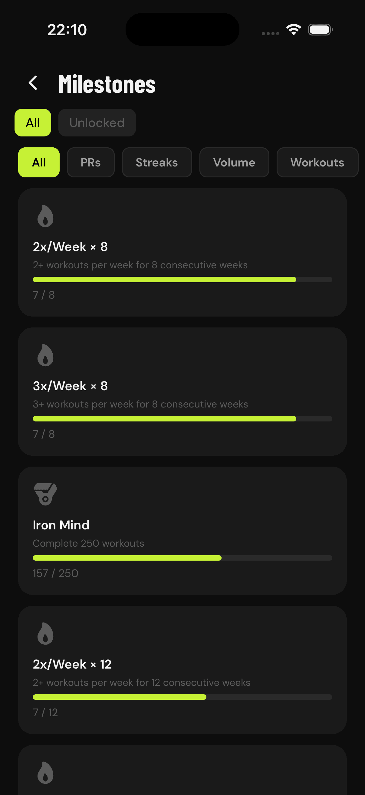 GainLogger milestones page with achievement filters and progress bars