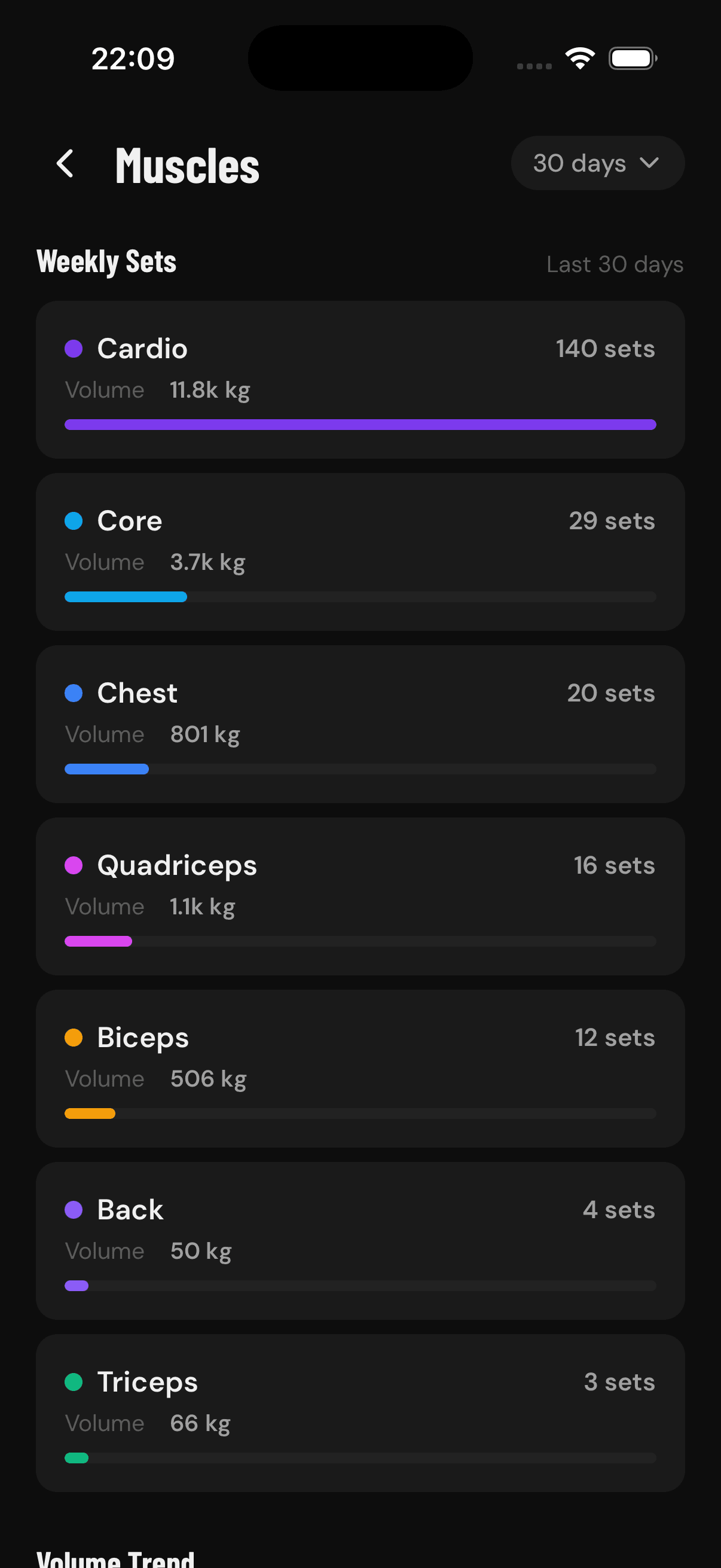 GainLogger weekly sets breakdown showing set count and volume per muscle