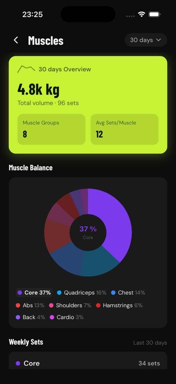GainLogger muscle balance visualization highlighting trained muscle groups