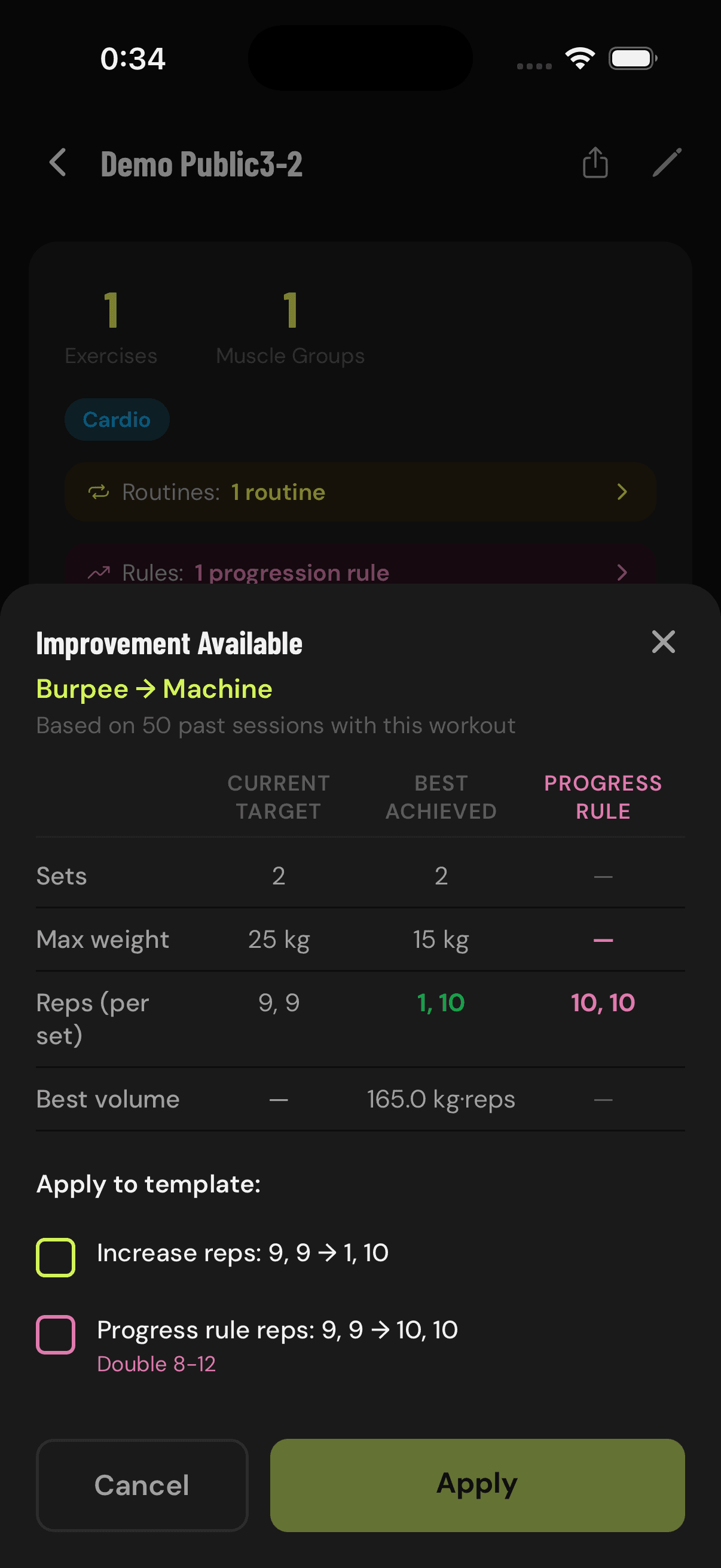 GainLogger improvement suggestion showing automatic rep and weight progression for an exercise