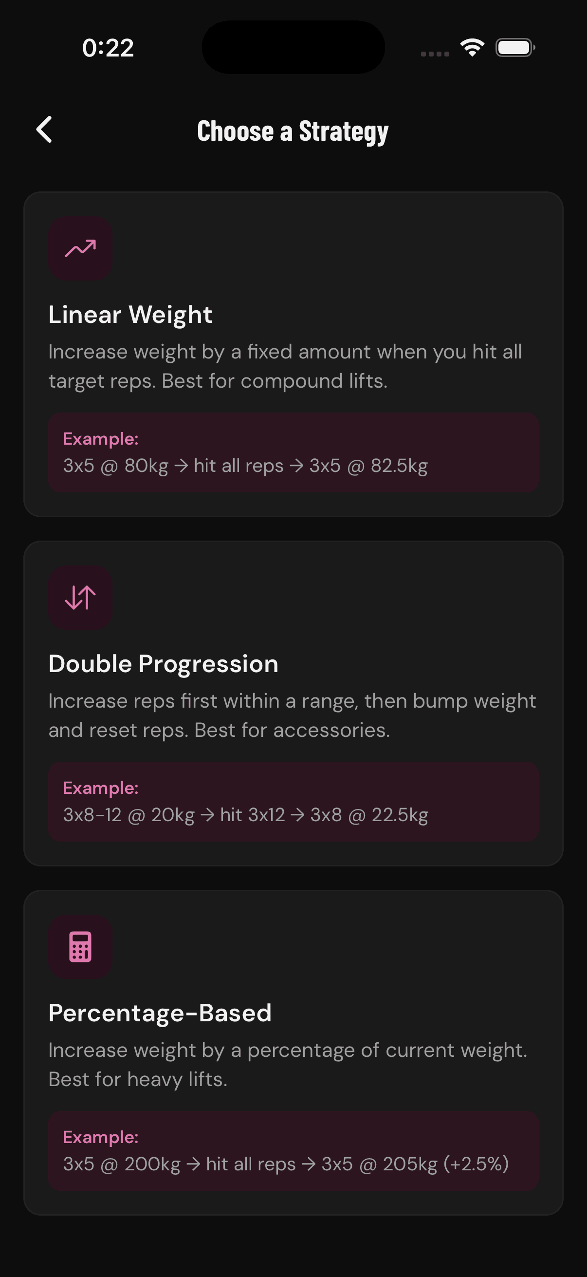 GainLogger progression strategies showing Linear Weight, Double Progression, and Percentage-Based options