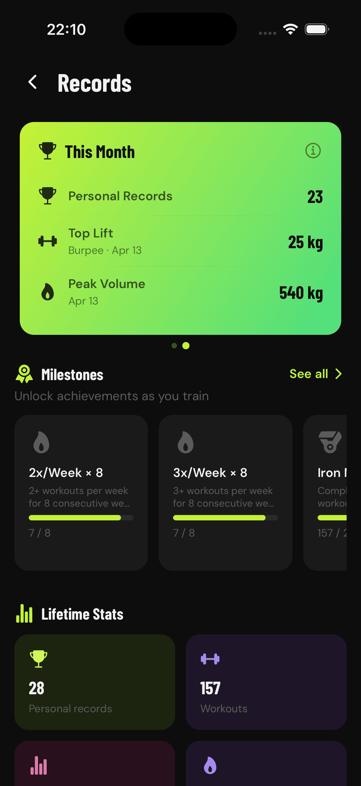 GainLogger records screen showing monthly PRs, milestones preview, and lifetime stats