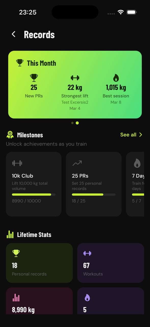 GainLogger personal records screen tracking lifetime bests