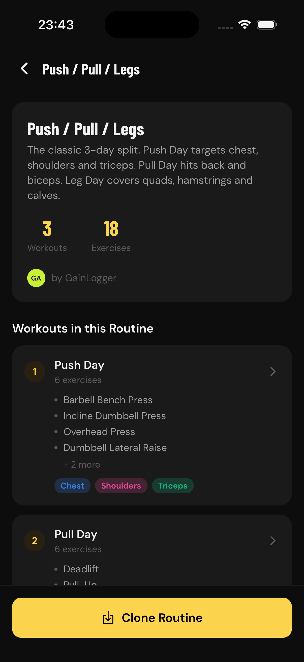 GainLogger routine detail view showing workouts in a Push/Pull/Legs program