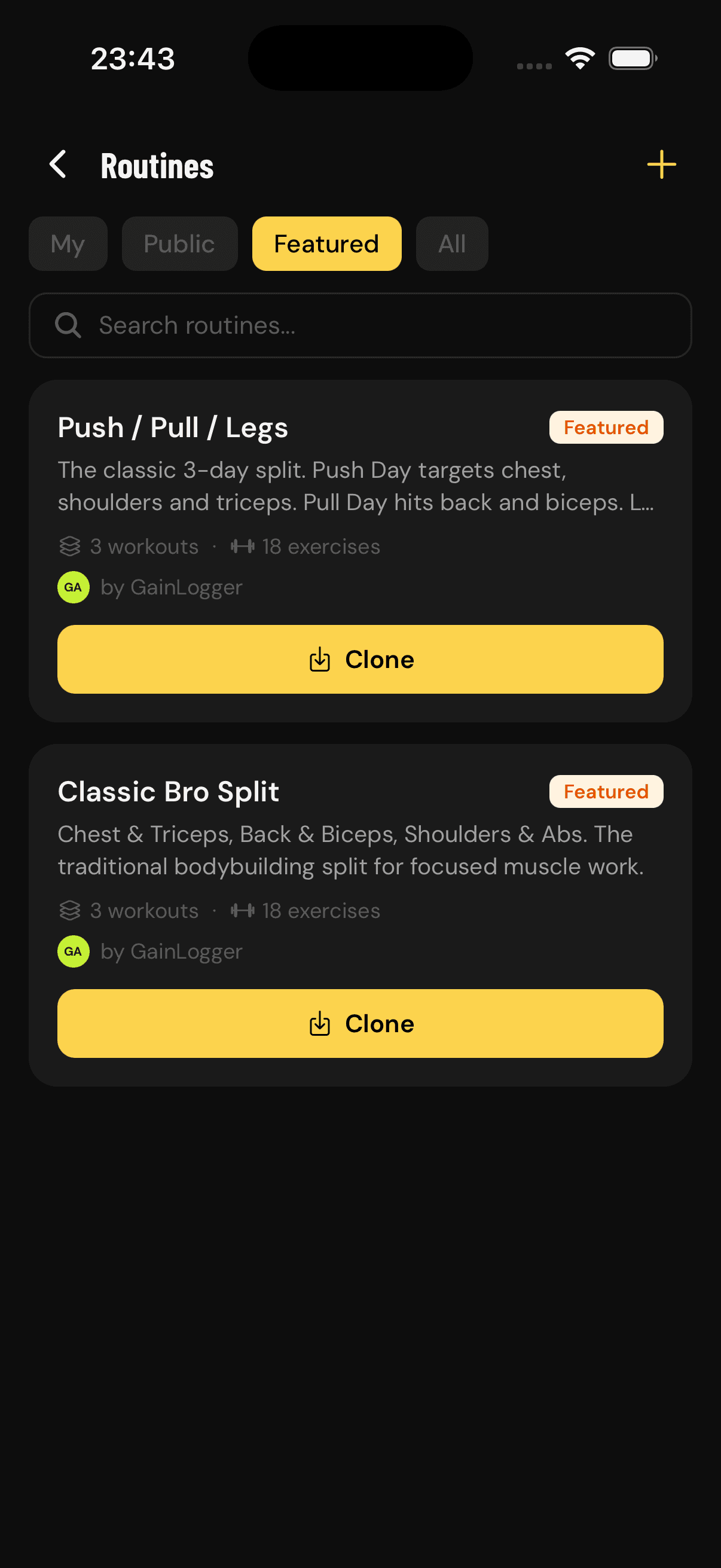 GainLogger routines list showing featured training programs to clone