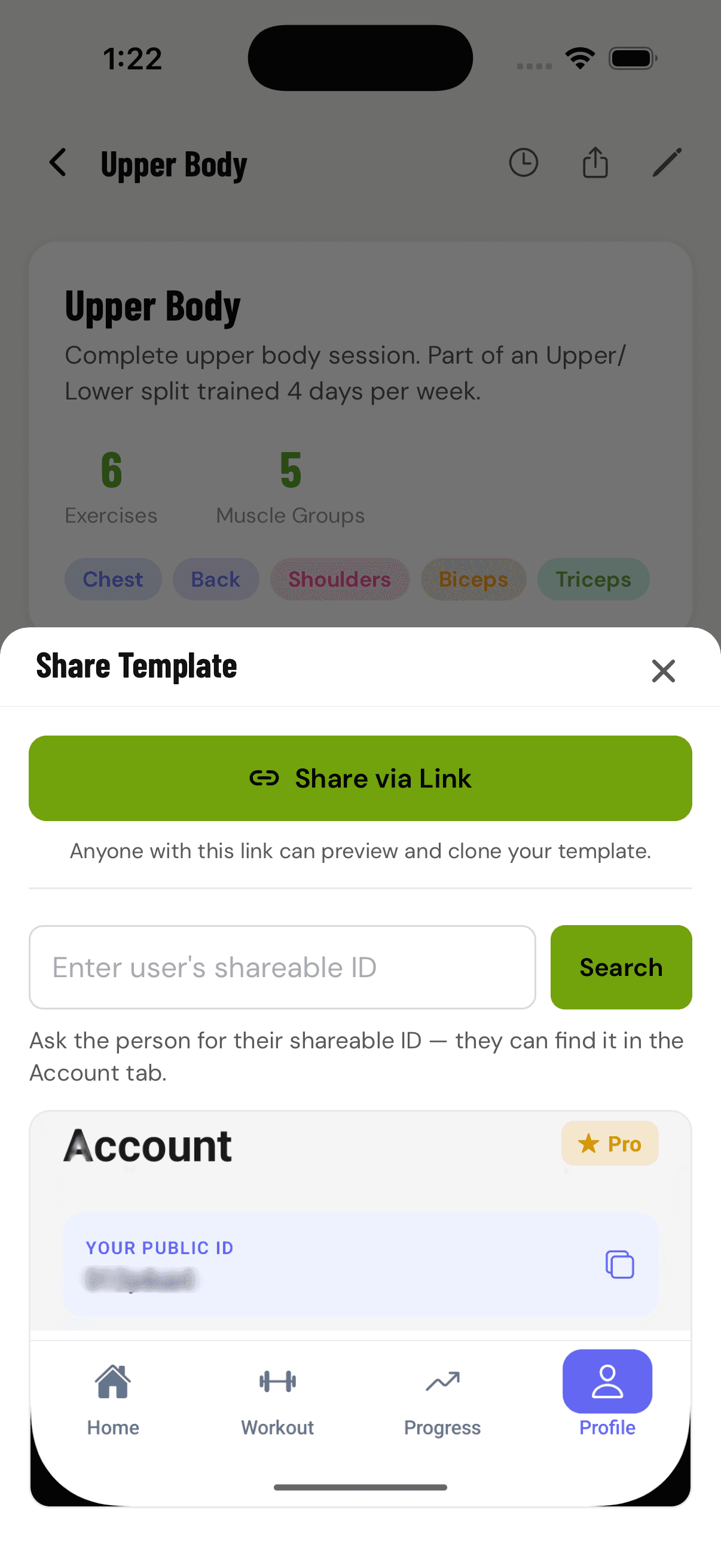 GainLogger share template modal with share-via-link and user search