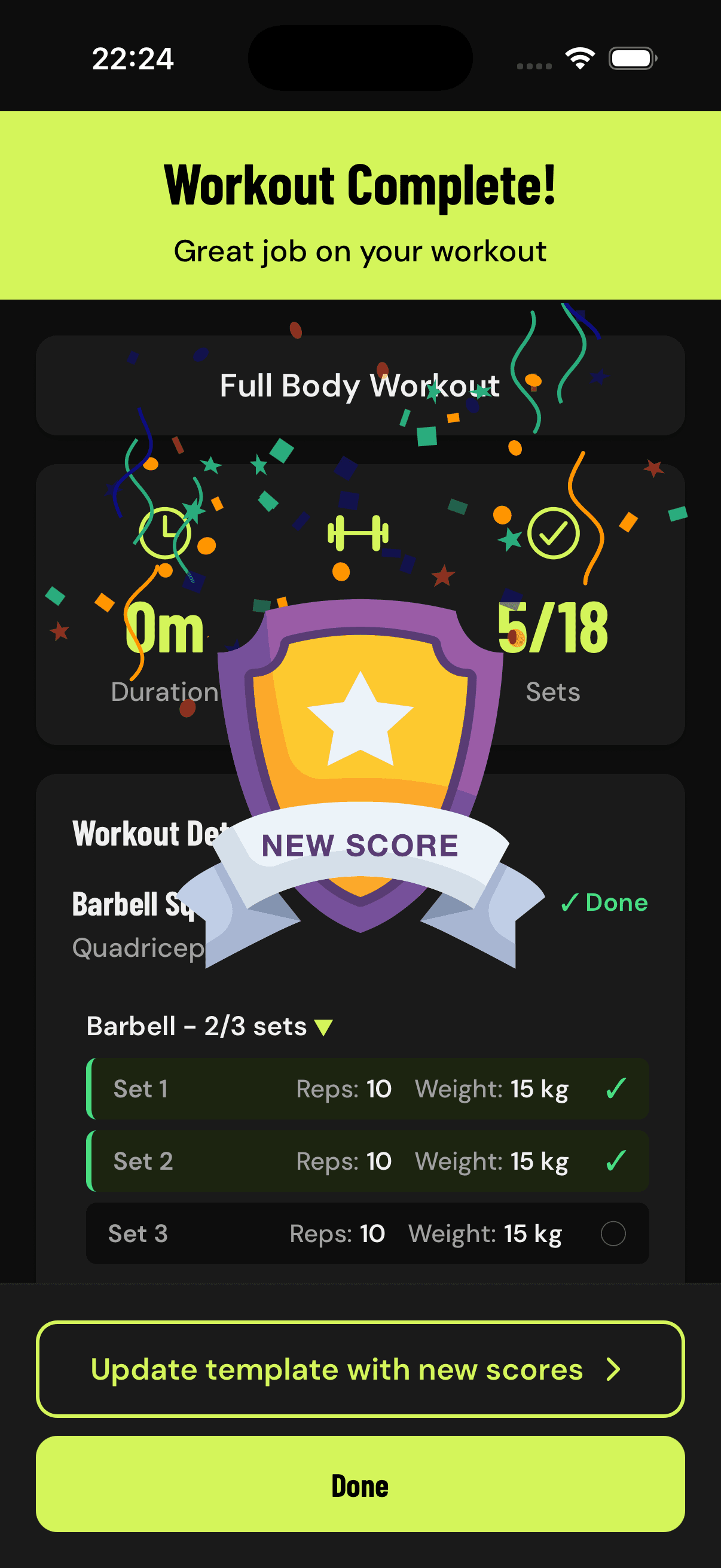 GainLogger workout complete screen with summary and achievements