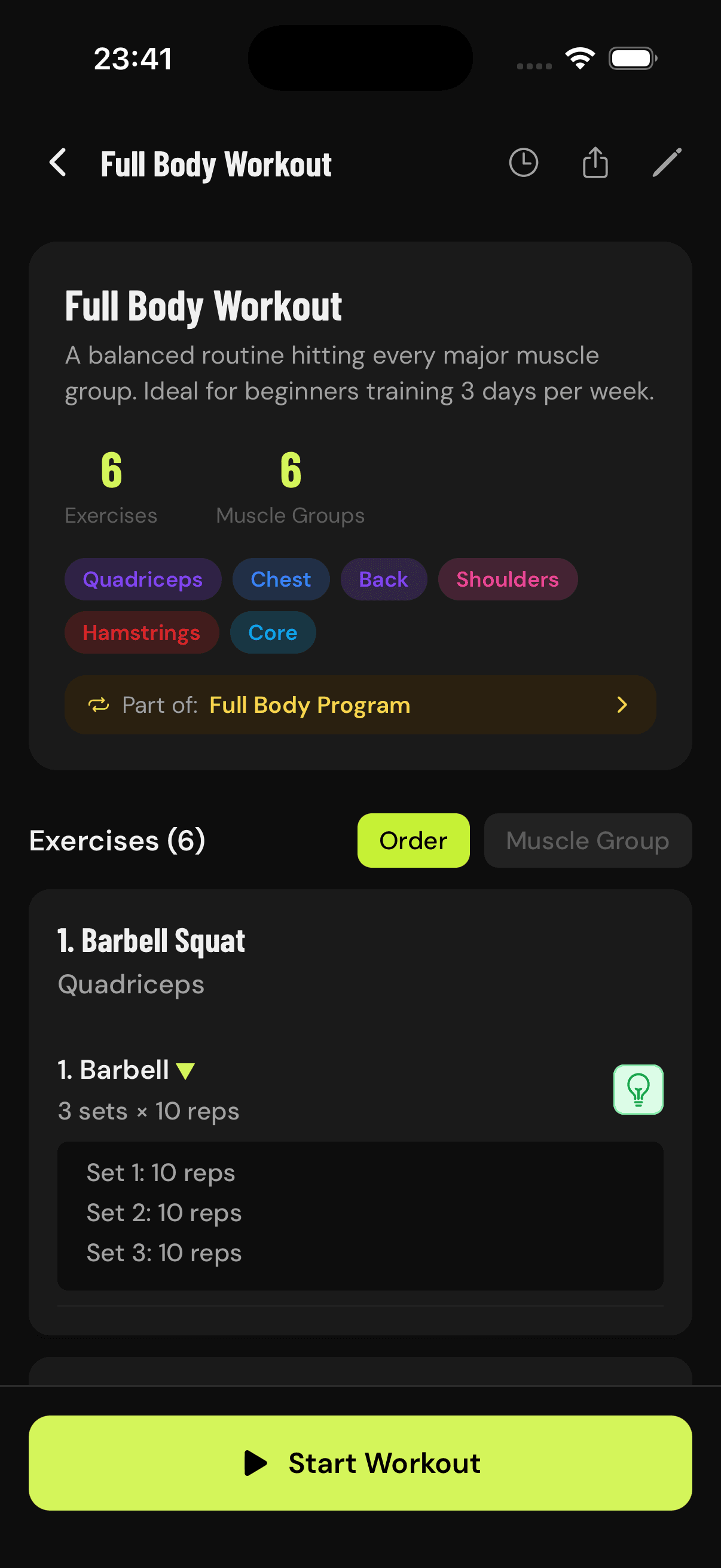 GainLogger workout detail view with exercise history