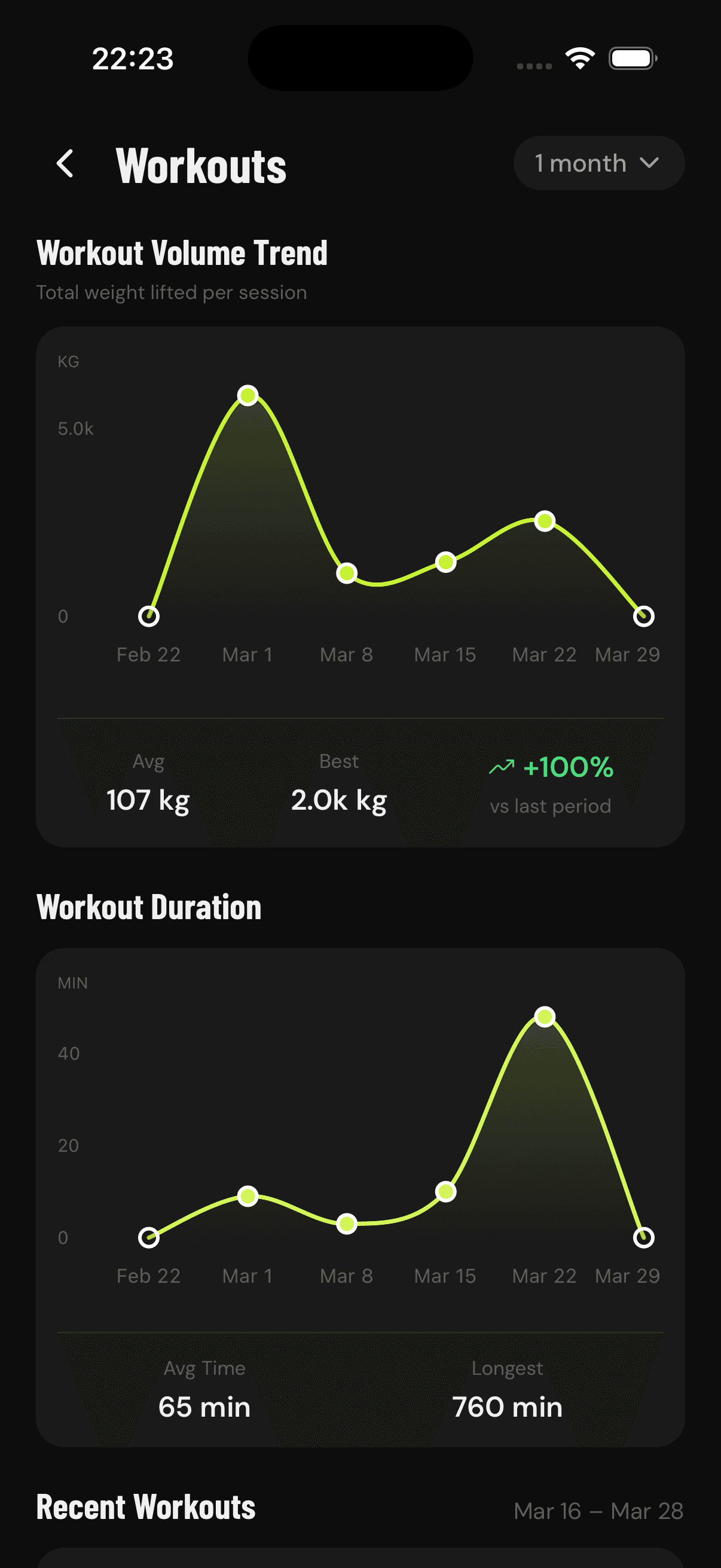 GainLogger progress charts showing volume trends and personal records