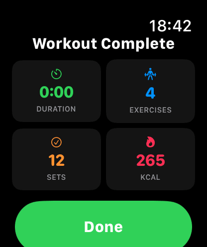 Workout Complete summary screen on Apple Watch showing duration, exercises, sets, calories and a green Done button