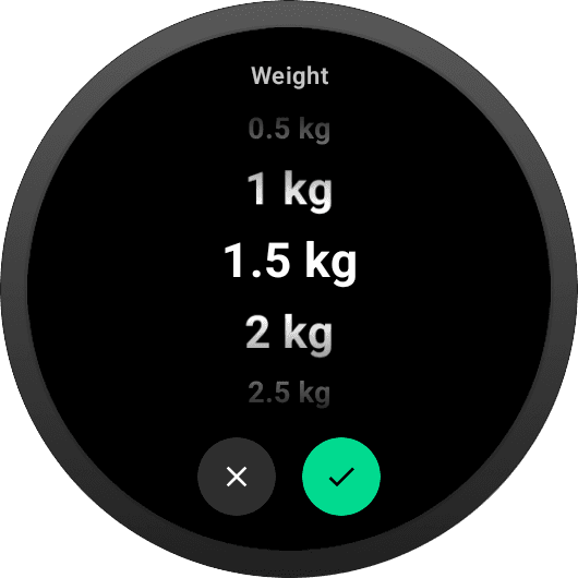 Weight picker on Wear OS showing 0.5, 1, 1.5 kg highlighted as selected, 2, 2.5 kg, a grey cancel button and a green confirm checkmark